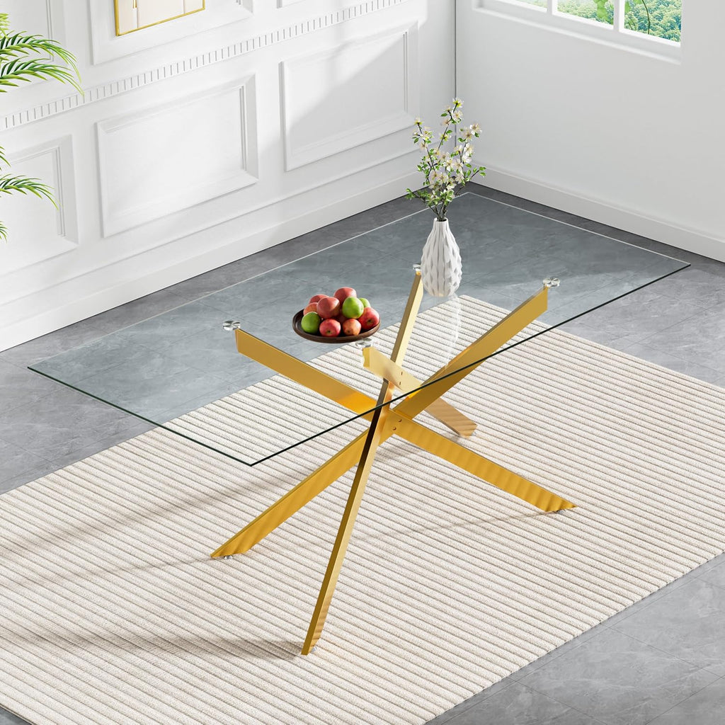 60' Glass Dining Table Modern Kitchen Table for 4-6 People, Contemporary Rectangular Dining Room Dinner Tables with Clear Glass Top & Gold Metal X Legs for Kitchen Apartment