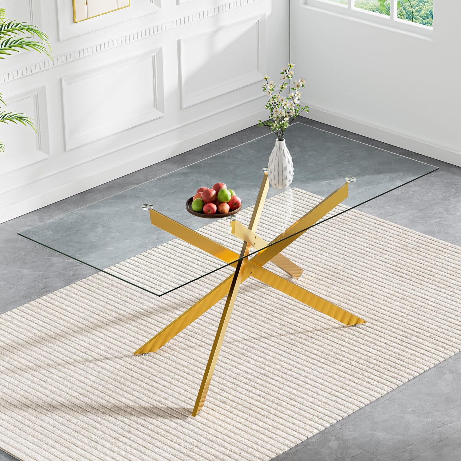 60' Glass Dining Table Modern Kitchen Table for 4-6 People, Contemporary Rectangular Dining Room Dinner Tables with Clear Glass Top & Gold Metal X Legs for Kitchen Apartment