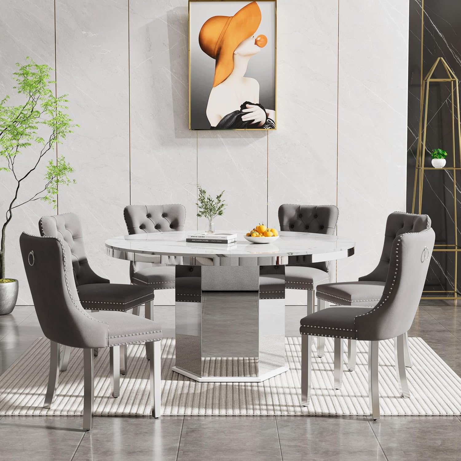 7 Pieces 47'-63' White Faux Marble Extendable Dining Table Set, Round Expanding Kitchen and Dining Room Table Set for 6 with Mirrored Acrylic Base & Grey Velvet Upholstered Chairs