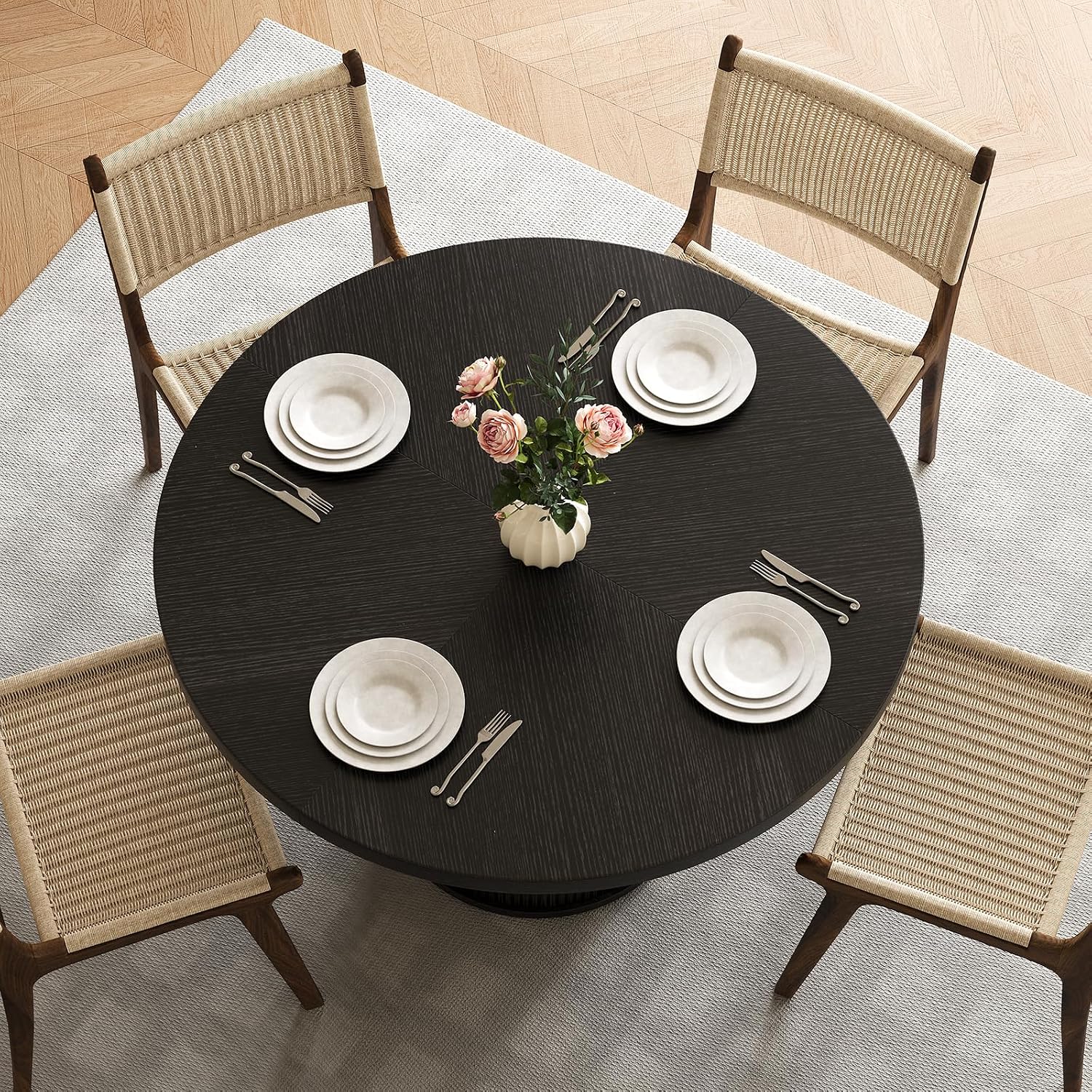 47 inch Round Dining Table for 4, Farmhouse Kitchen Table with 2-Layer Storage Shelf and Wood Slide Door Modern Dinner Table or Home Dining Room Living Room (Black)