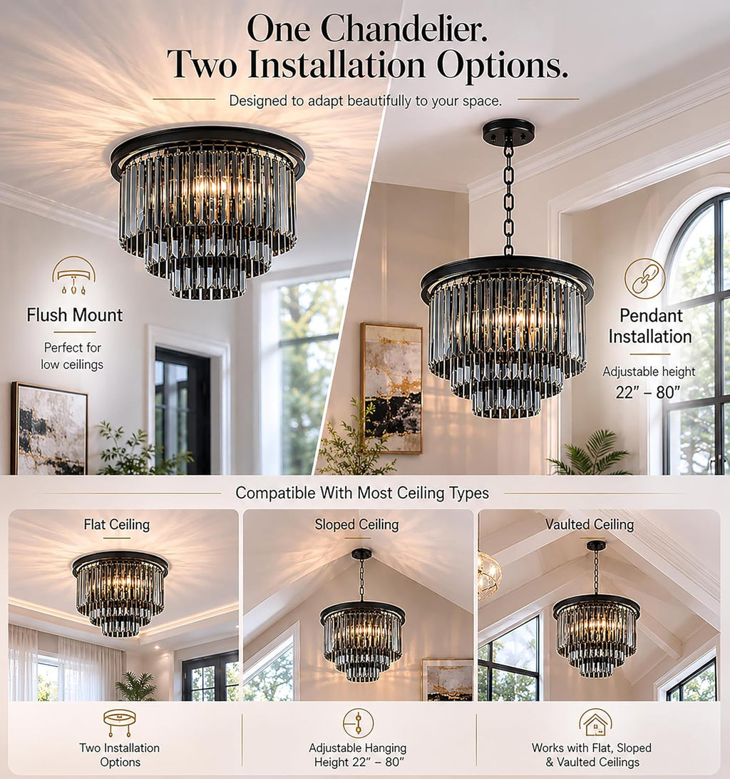 ALOADECOR 6-Light W 20 in. Modern Odeon 3-Tier Round Fringe Crystal Chandelier in Matte Black Finish Frame with Smoke Crystal Accents Dual-Use Light for Dining Room Living Room Bedroom