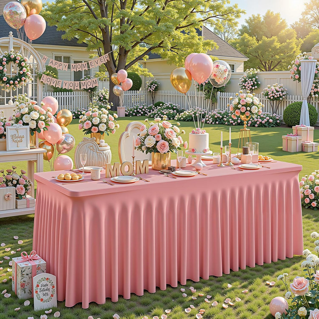 6 Packs Dusty Rose Table Clothes for 6 Foot Rectangle Tables, One-Piece Wrinkle Resistant Stretch Spandex Table Covers with Skirt for Event Banquet Wedding Birthday Party