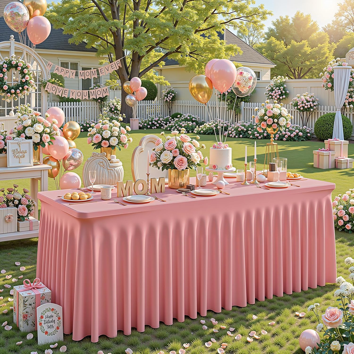 6 Packs Dusty Rose Table Clothes for 6 Foot Rectangle Tables, One-Piece Wrinkle Resistant Stretch Spandex Table Covers with Skirt for Event Banquet Wedding Birthday Party