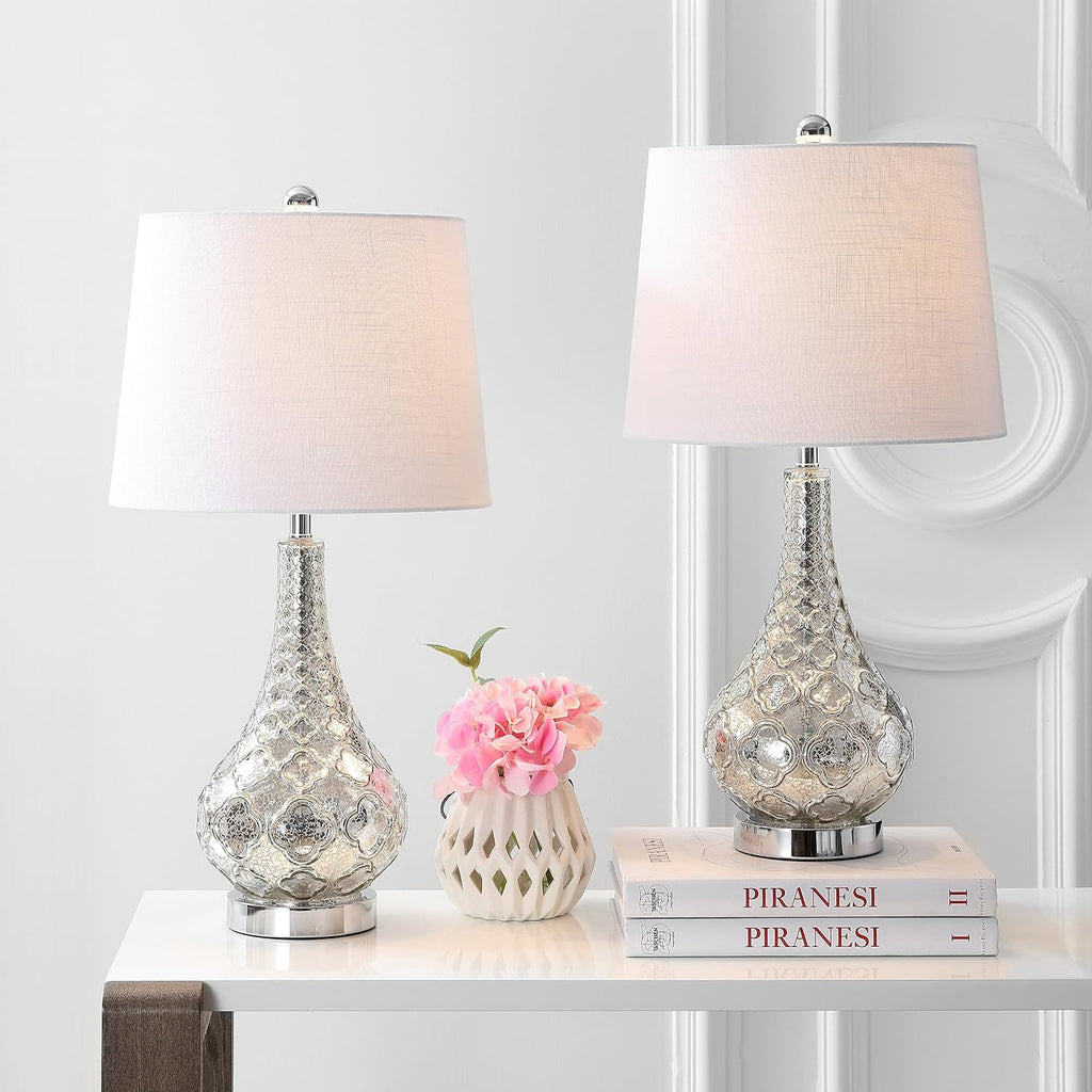 JONATHAN Y 25.5' Mercury Silver Glass Table Lamp Set of 2 for Bedroom, Contemporary Transitional Trellis Lamps for Living Room, White Linen Shade, LED Bulbs Included JYL1077A-SET2