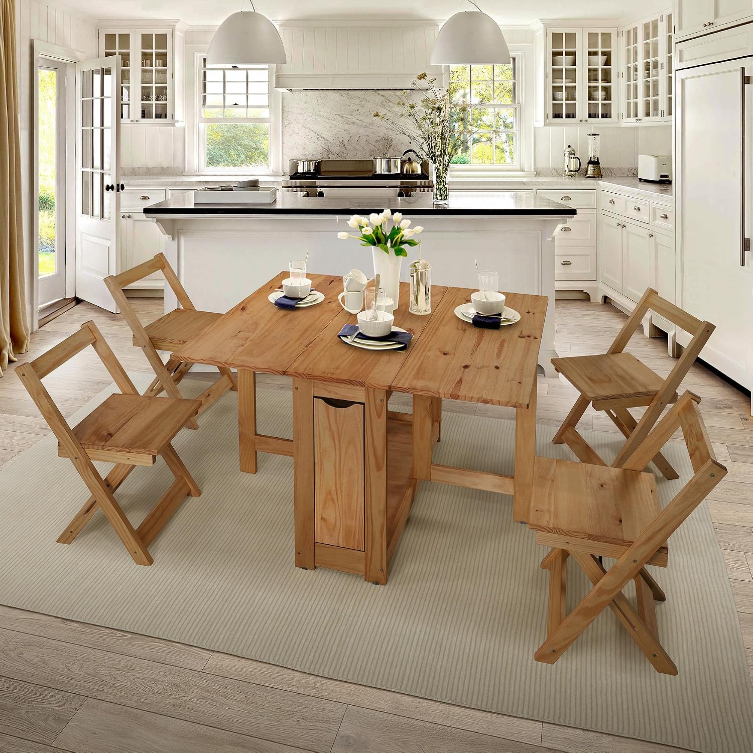 SECONIQUE Santos Butterfly Folding Dining Table Set with 4 Chairs – Space-Saving Table with Nesting Chairs and Storage Shelf – Rustic Pine Finish