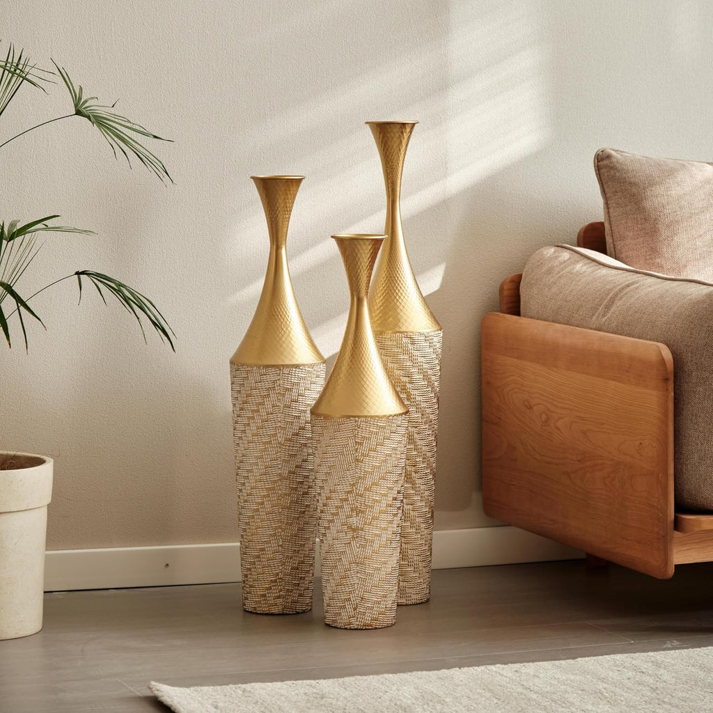 Floor Metal vase Modern Style Decoration Home Woven Pattern Metal vase 3-Piece Set Gorgeous Home Decoration Large Glazed Metal vases (Gold+White Woven Pattern)
