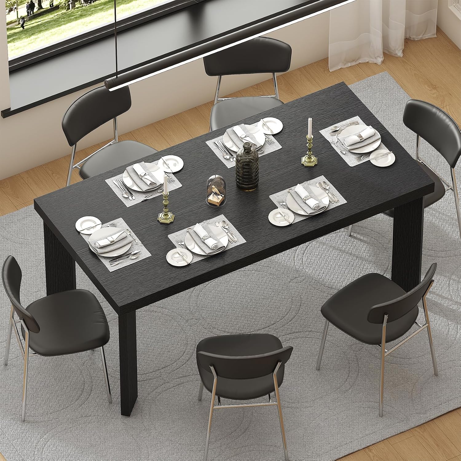 Bigbiglife 63 Inch Dining Table for 6, Indoor Outdoor Dining Table with Wood Legs, Kitchen Table with Large Tabletop, Rectangular Dinner Table for Dining Room, Living Room, Kitchen, Black