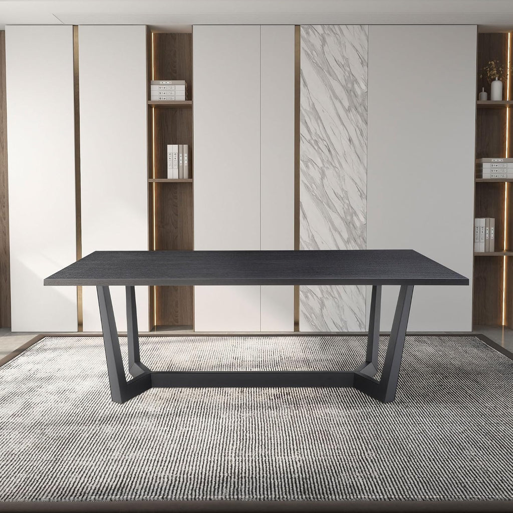 70.86'' Rectangular Wood Dining Table for 6-8, Modern Mid-Century Contemporary Dining Table for Living Room Kitchen, Dining Kitchen Table with Metal Leg Base, Easy Assembly, Black
