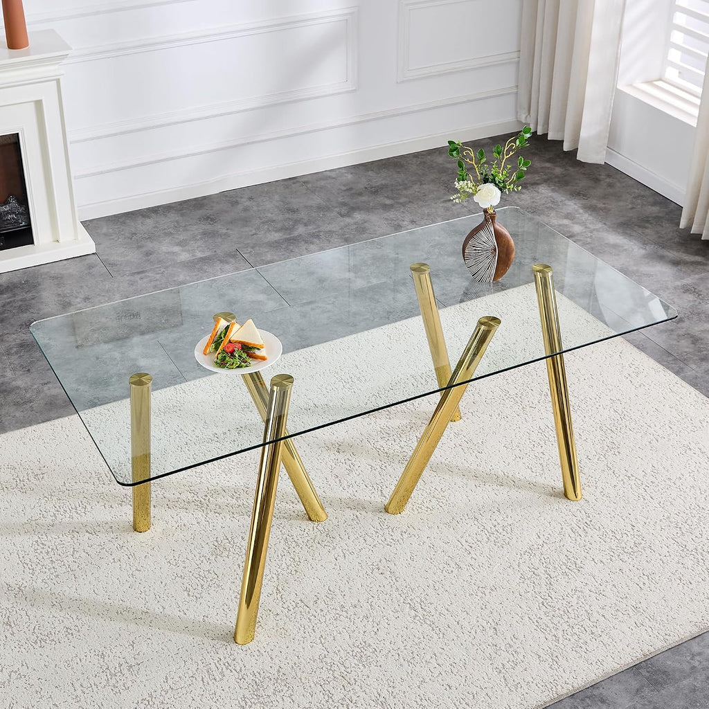 71' Glass Gold Dining Table for 4 6, Modern Kitchen Dining Room Table with 0.39' Thick Tempered Glass Tabletop and Metal Legs, Large Rectangle Dinner Tables for Home Kitchen Living Room