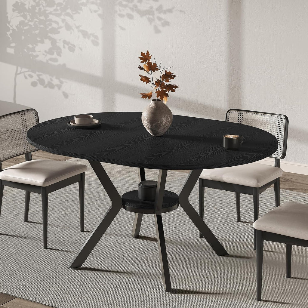 42'-58' Extendable Round Dining Table with Built-in Flip Leaf, Modern Oval Kitchen Table for 4-6, Space-Saving Small Room Furniture with Storage Shelf and X-Shaped Metal Base for Kitchen, Dining Room