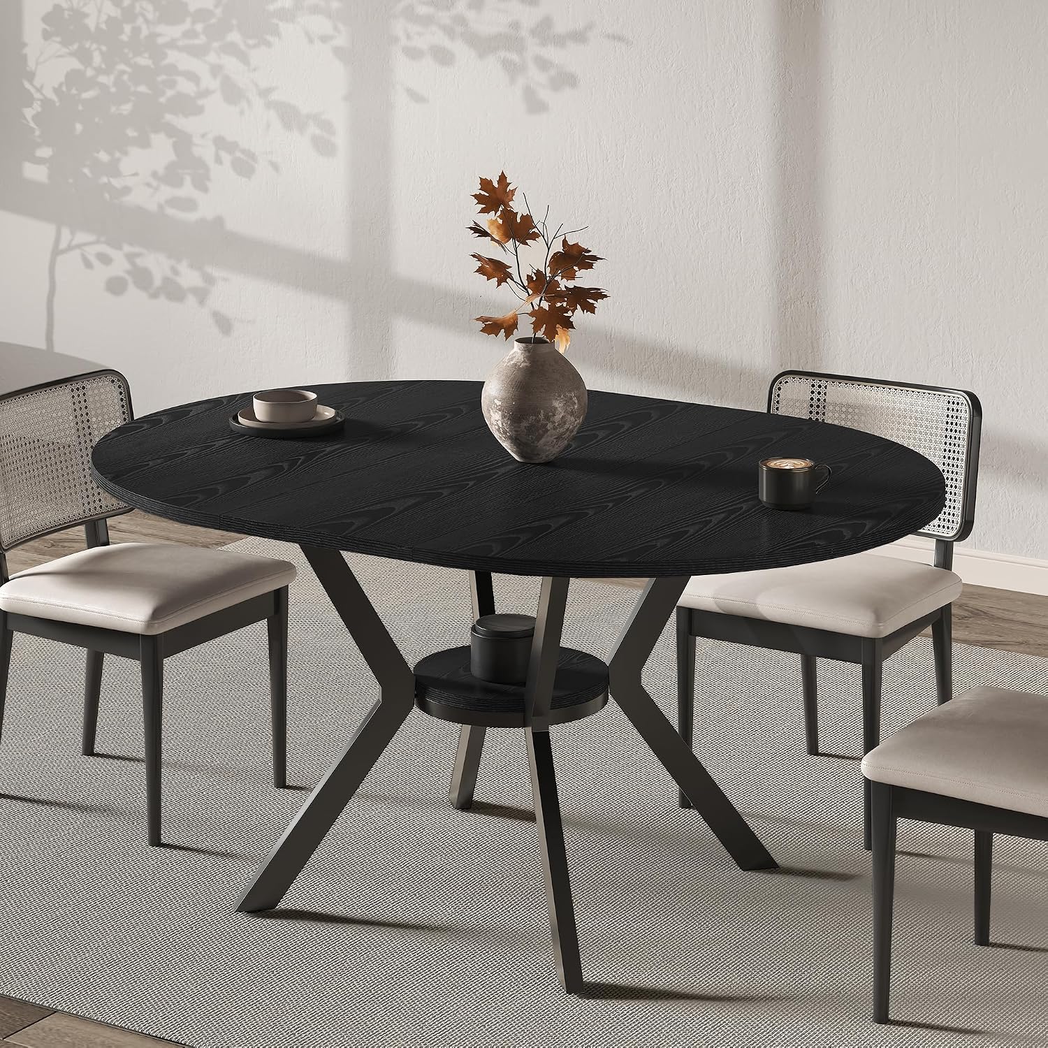 42'-58' Extendable Round Dining Table with Built-in Flip Leaf, Modern Oval Kitchen Table for 4-6, Space-Saving Small Room Furniture with Storage Shelf and X-Shaped Metal Base for Kitchen, Dining Room