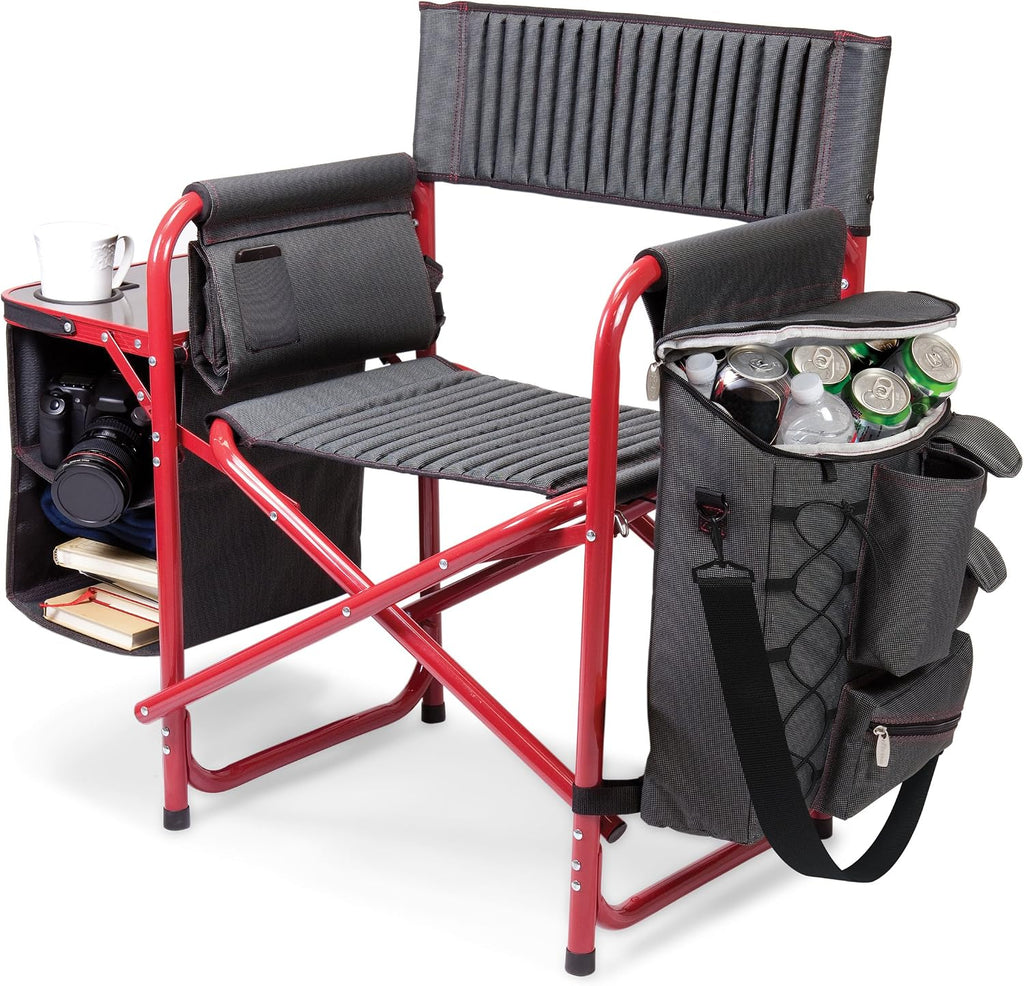 PICNIC TIME Fusion Camping Chair with Side Table and Soft Cooler, Outdoor Foldable Padded Camping Chairs with Cup Holder for Lawn, Beach, & Sports Use for Adults, (Dark Gray Red Accents)