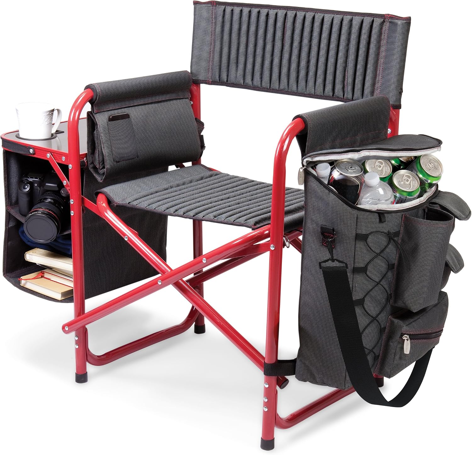 PICNIC TIME Fusion Camping Chair with Side Table and Soft Cooler, Outdoor Foldable Padded Camping Chairs with Cup Holder for Lawn, Beach, & Sports Use for Adults, (Dark Gray Red Accents)