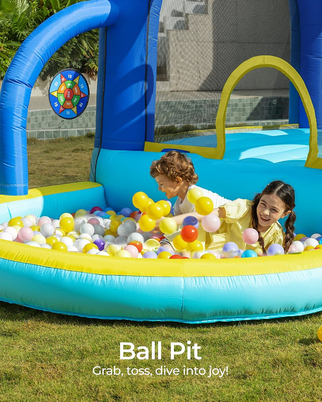 Outfunny Bounce House with Slide, Inflatable Bouncy House for Kids 3-12 w/Ball Pit, Outdoor & Indoor, Bounce Area 8'x8', Capacity 400 lb - Blue