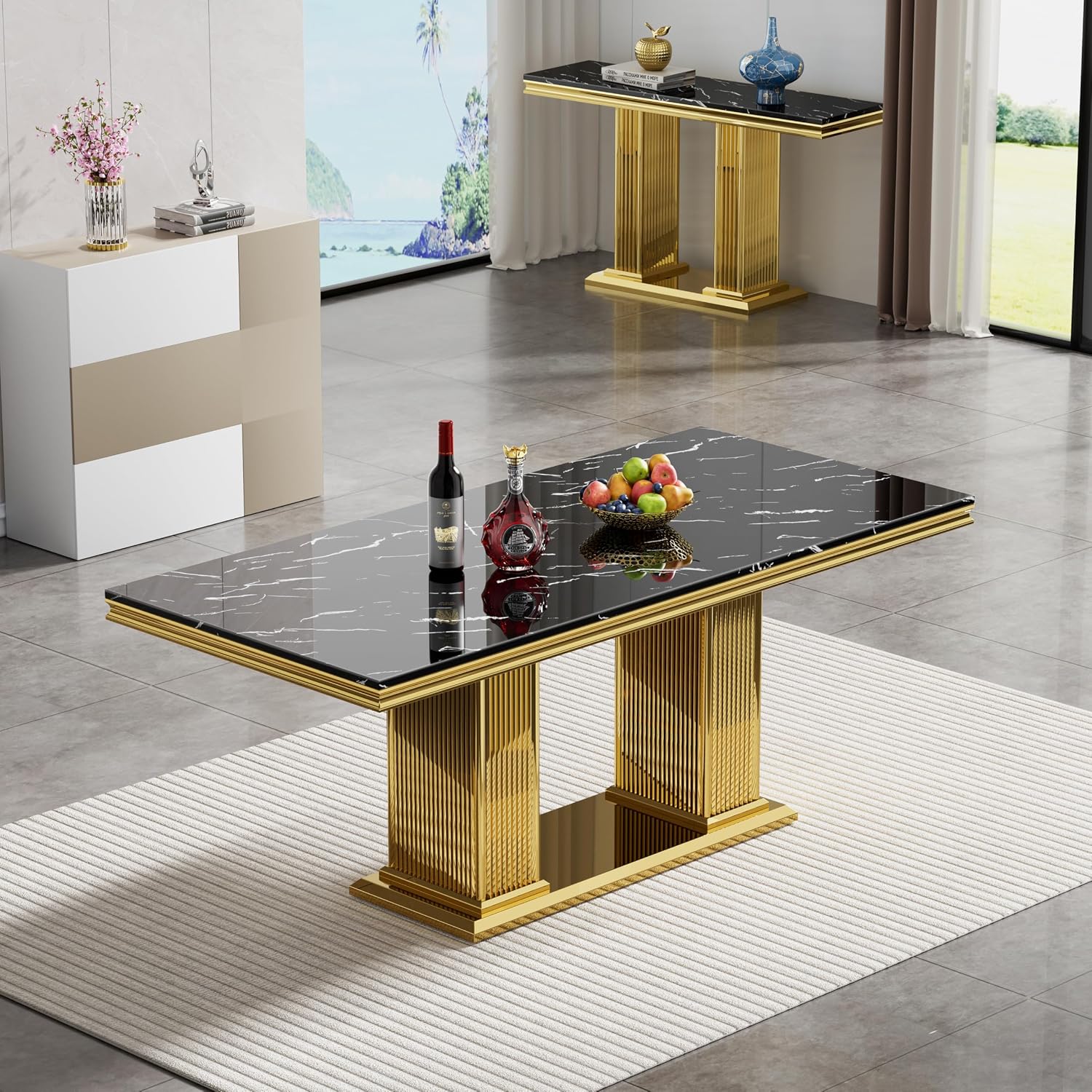 68' Black Marble Dining Table for 6 to 8, Luxury Large Rectangular Faux Marble Tabletop & Gold Double Pedestal Base, Mid Century Modern Kitchen Dining Room Table for Dinner Family Gathering