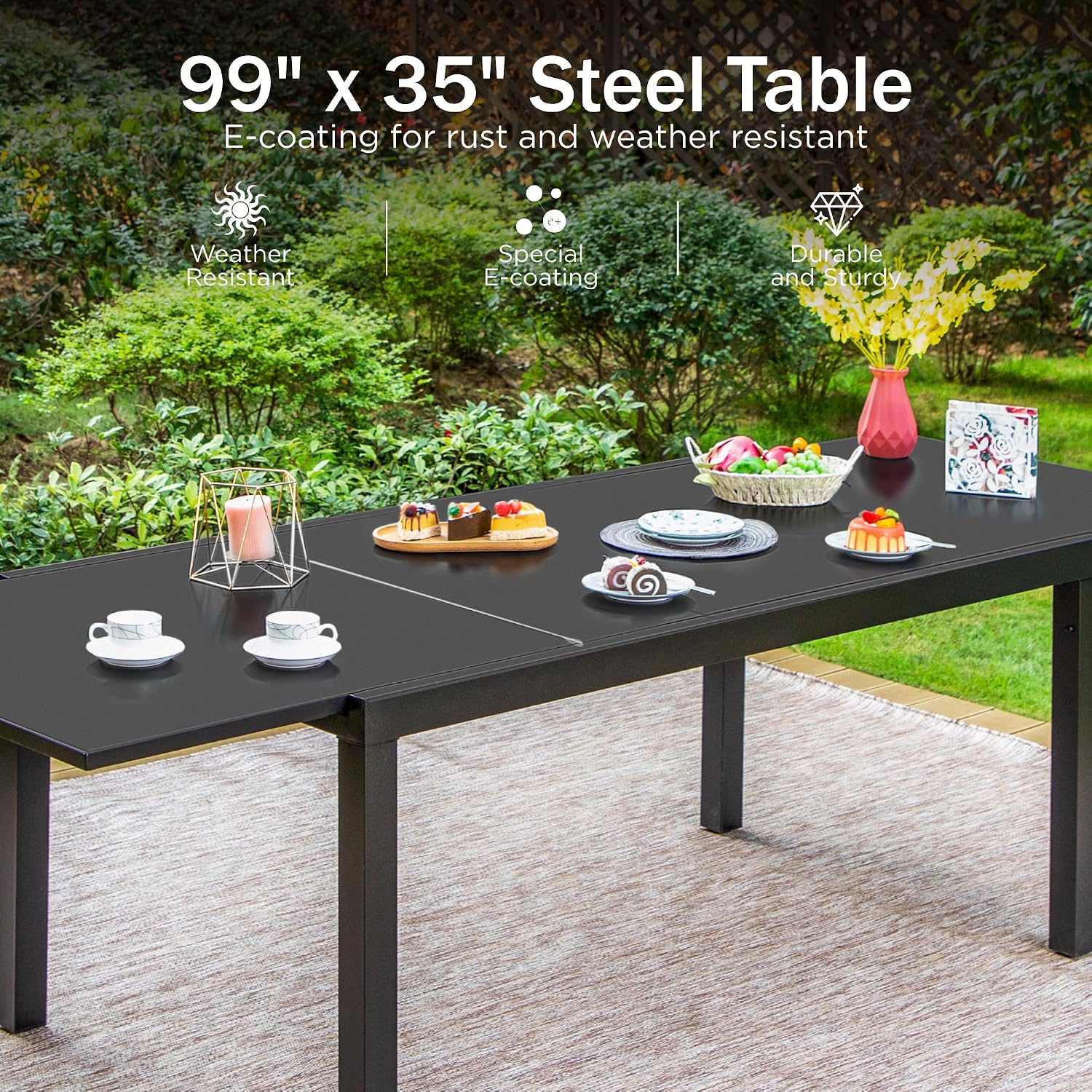 PHI VILLA Extra Large Expandable Patio Dining Table 99.2' × 35.5' Metal Outdoor Table for 6-10 Person, Metal Outdoor Dining Table with E-Coating for Garden Deck Yard- (Black)