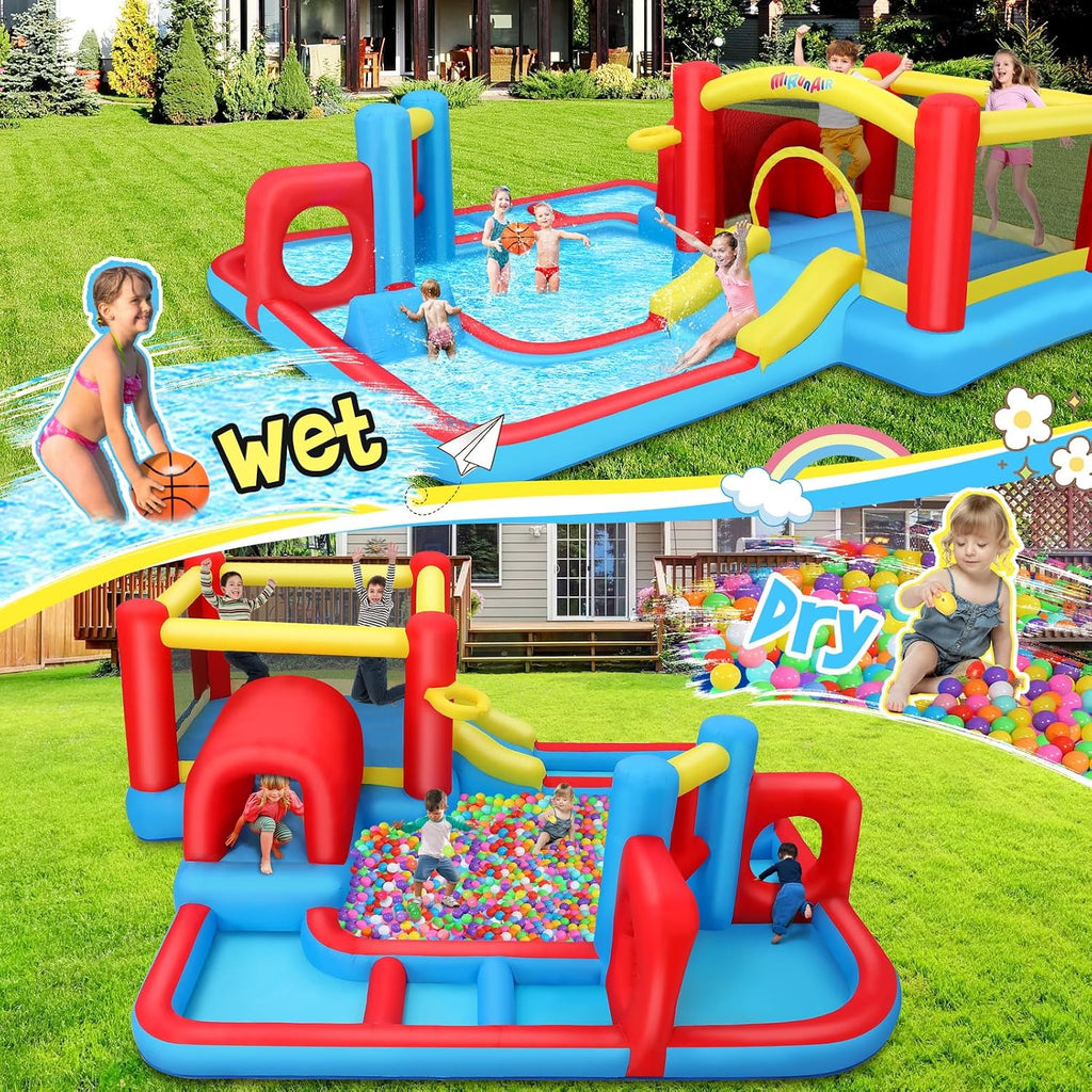 Whubefy Inflatable Water Slide Bounce House Obstacle Course for Kids Backyard Blow Up Water Park w/ 14.3x14.3 ft Large Pool, Sprinkler Hammer, Play Tunnel, Double Ring & Multi-Shape Obstacle Challenge