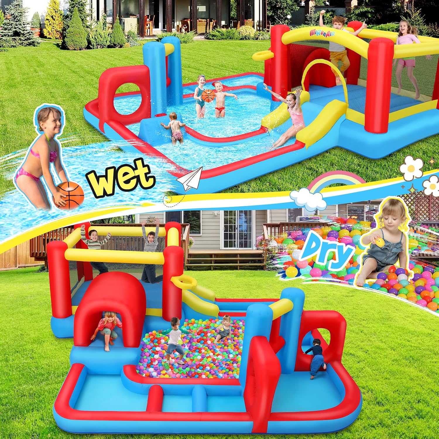 Whubefy Inflatable Water Slide Bounce House Obstacle Course for Kids Backyard Blow Up Water Park w/ 14.3x14.3 ft Large Pool, Sprinkler Hammer, Play Tunnel, Double Ring & Multi-Shape Obstacle Challenge
