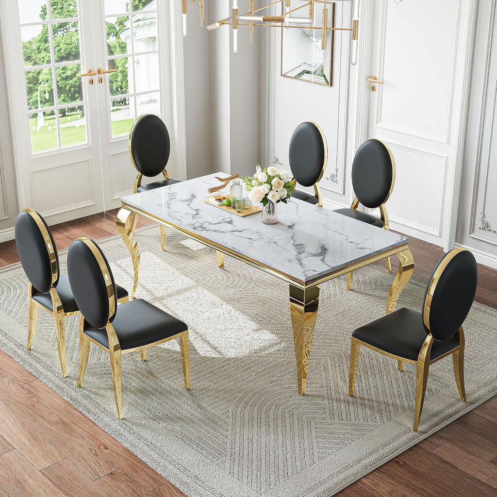 AF ARTISAN FURNITURE Modern Marble Dining Table Set of 6-70' Faux Marble Kitchen Table with 6 Leather Chairs, White Marble Top & Gold Mirrored Stainless Steel Legs, 6 Pieces Black High Back Chairs