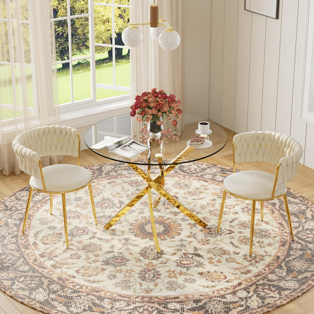 Round Glass Dining Table Set for 2, 36'' Small Circle Glass Kitchen Table with 2 Luxury Beige Gold Velvet Dining Chairs, 3-Piece Dining Room Table Set for Small Place(Gold Base)