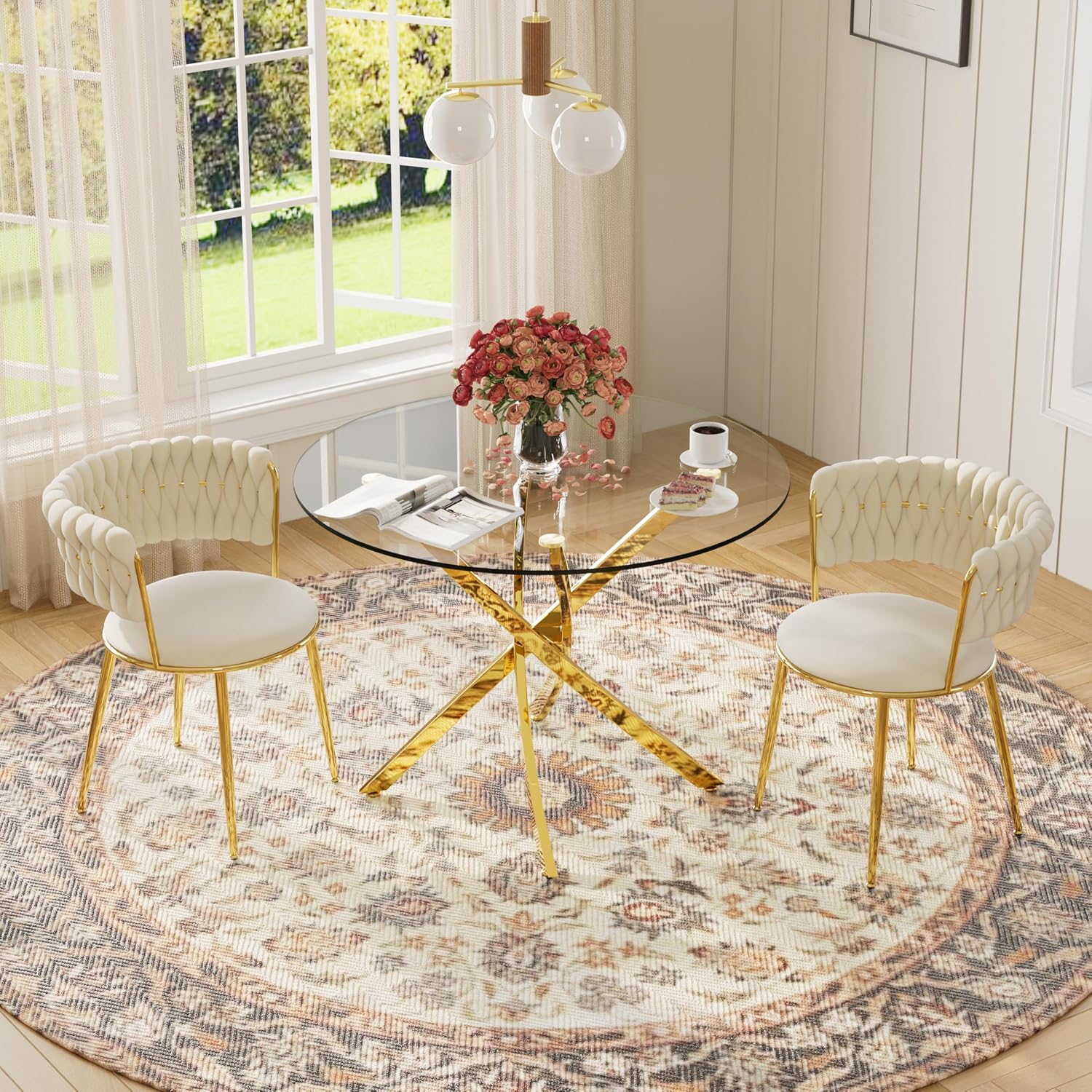 Round Glass Dining Table Set for 2, 36'' Small Circle Glass Kitchen Table with 2 Luxury Beige Gold Velvet Dining Chairs, 3-Piece Dining Room Table Set for Small Place(Gold Base)