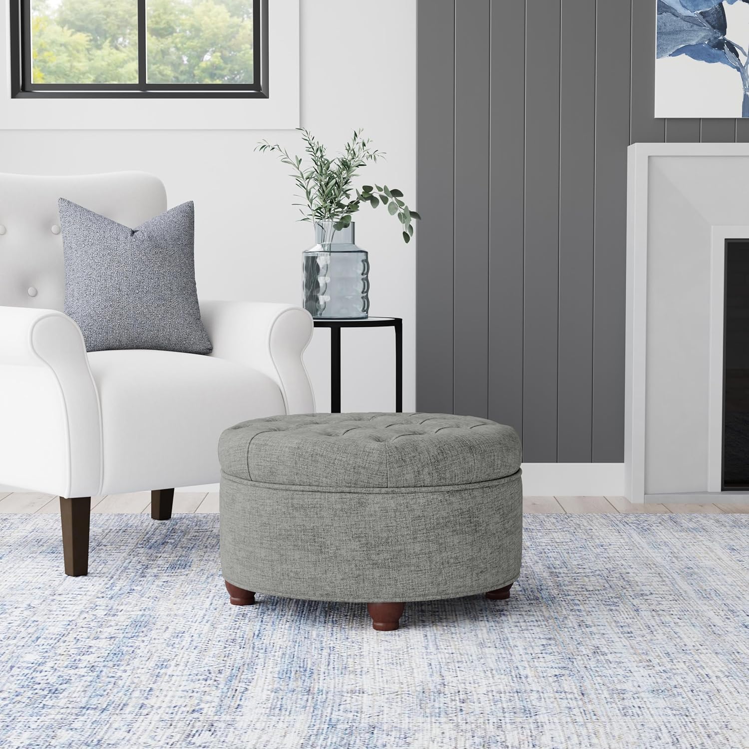 Homepop Home Decor |Button Tufted Woven Round Storage Ottoman | Ottoman with Storage for Living Room & Bedroom (Gray Woven)