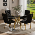 5 Pieces Gold Round Glass Dining Table Set, Modern Luxury Circle Kitchen Set for 4, 39'' Clear Minimalist Circular Glass Top Dinner Room Set, Black High-end Tufted Chairs, for Small Place