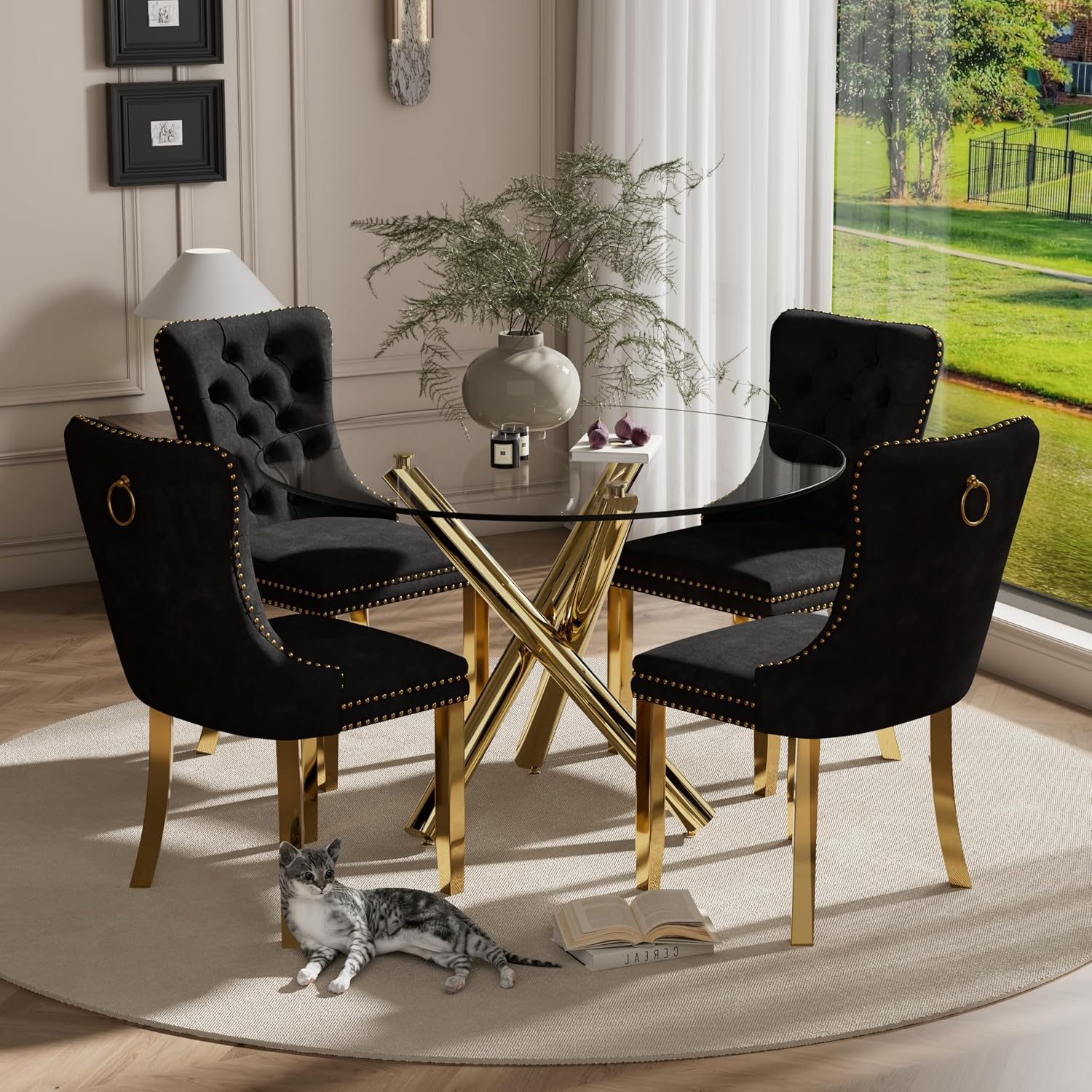 5 Pieces Gold Round Glass Dining Table Set, Modern Luxury Circle Kitchen Set for 4, 39'' Clear Minimalist Circular Glass Top Dinner Room Set, Black High-end Tufted Chairs, for Small Place