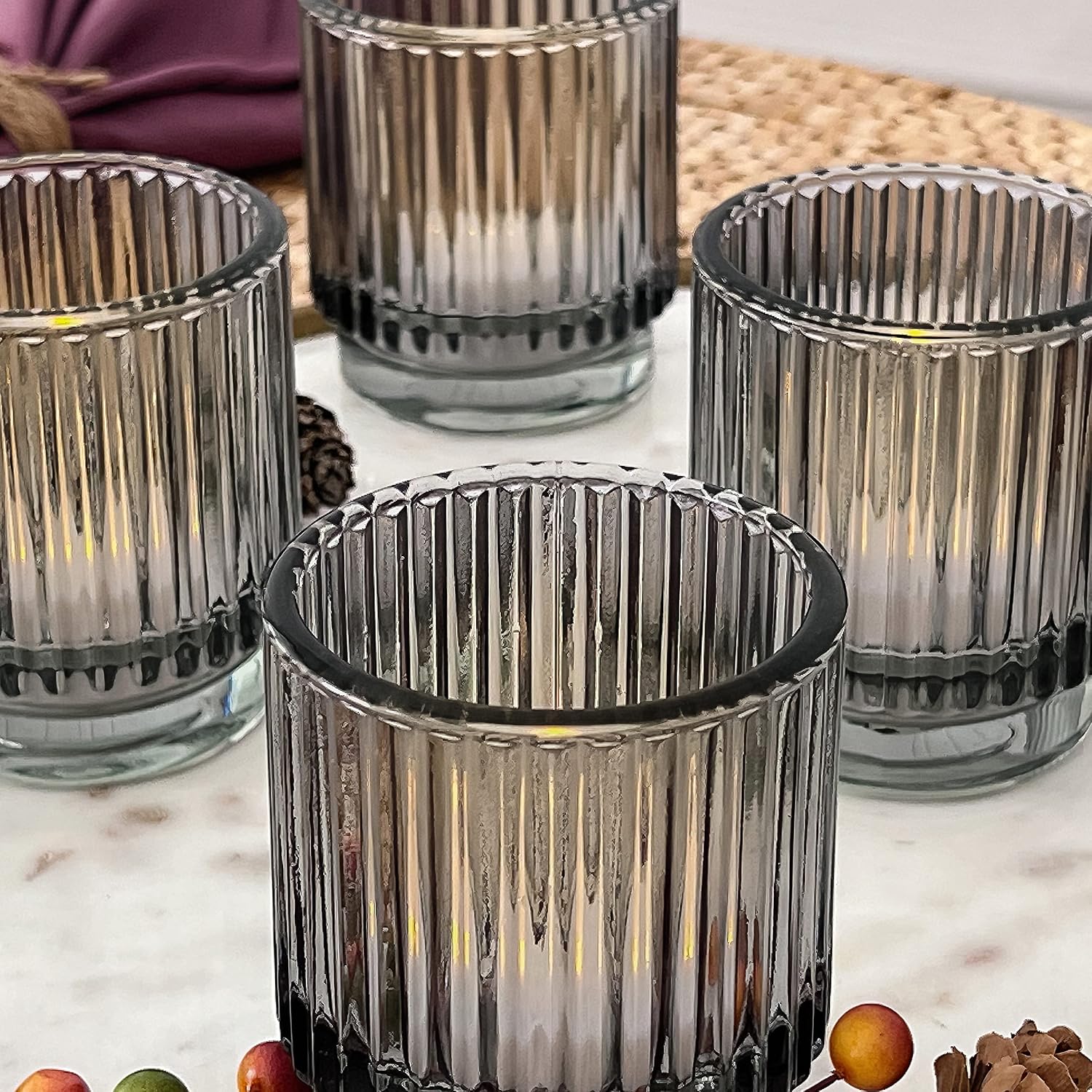 Kate Aspen Ribbed Glass Candle Holder Set - 6 Smoke Gray Tealight Holders for Home, Kitchen, Room or Living Room Decor - Vintage Tea Light Votive Accent for Table or Shelf Styling (Pack of 6)