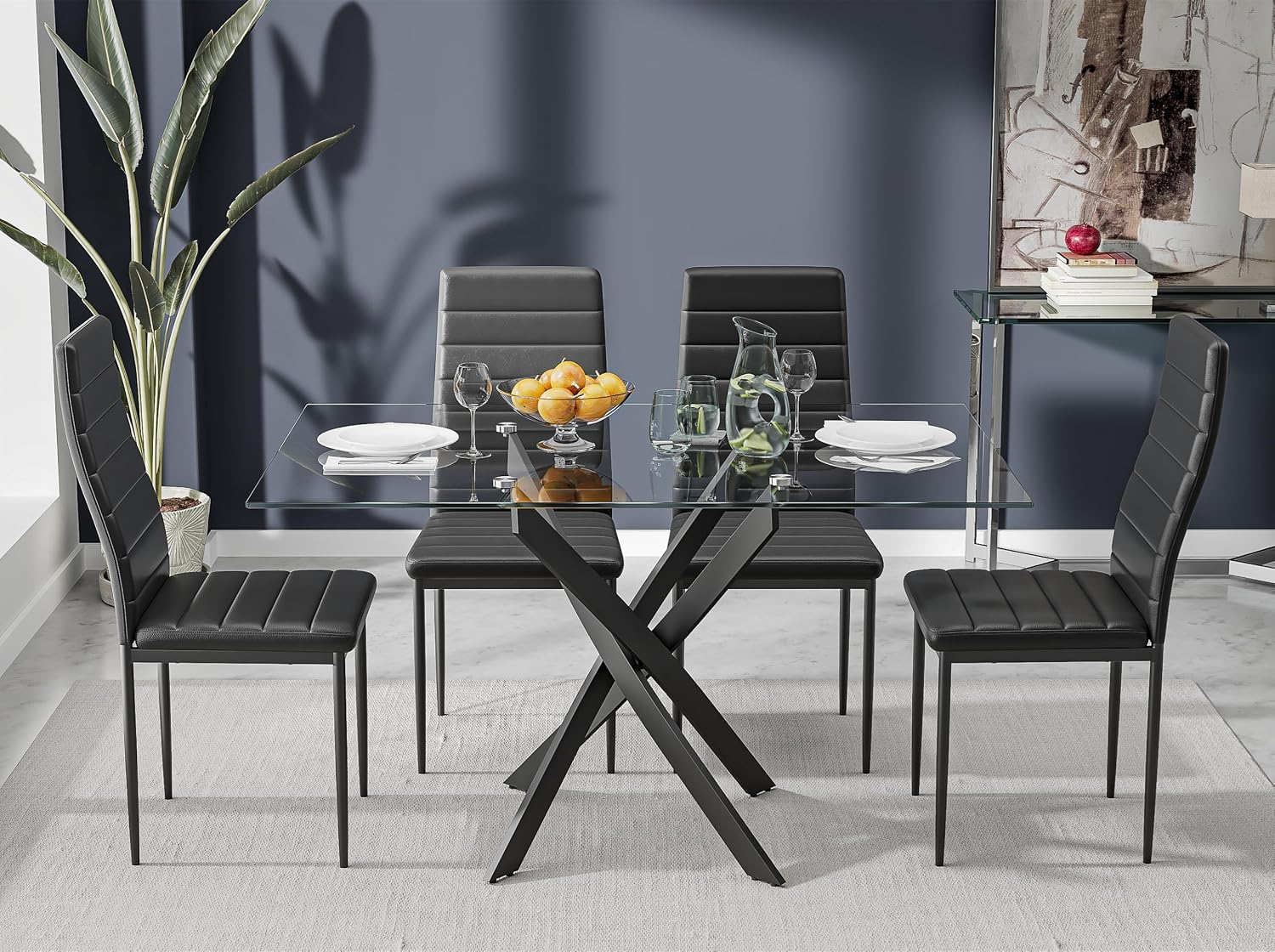 Tempered Glass Dining Table with Black Metal Legs, 47in Modern Rectangular Kitchen Table for Kitchen Dining Room Home Office, Black