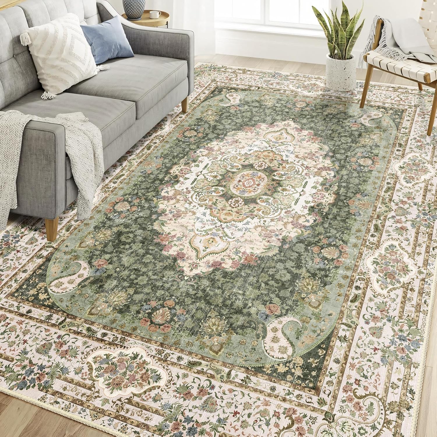 Casrage 6'x9' Area Rugs Washable,Green Rug for Living Room Bedroom Kitchen,Large Boho Vintage Bohemian Distressed Carpet Non Slip,Floral