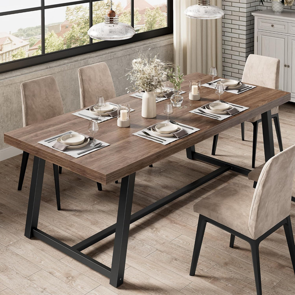 IRONCK 71' Dining Table for 6-8 People, Industrial Kitchen Table with Sturdy Metal Frame, Rectangular Brown Wood Dinner Table for Dining Room