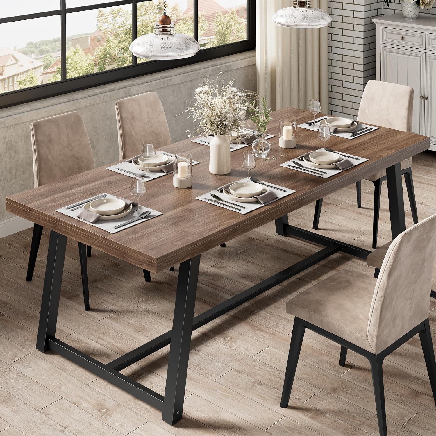 IRONCK 71' Dining Table for 6-8 People, Industrial Kitchen Table with Sturdy Metal Frame, Rectangular Brown Wood Dinner Table for Dining Room