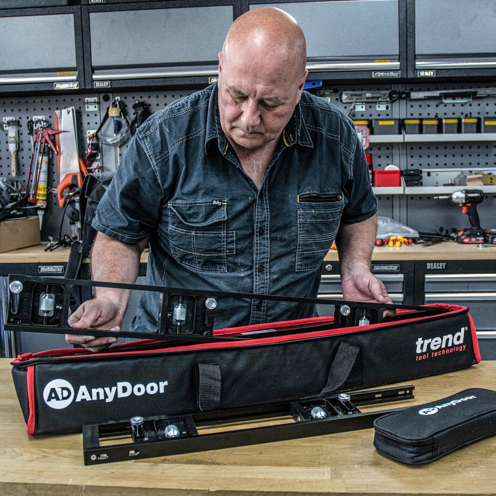 Trend Ultimate Door Installation Kit with 9ft AnyDoor Hinge Jig, T1 Plunge and Trim 1/4 Inch Router, Foot Operated Door Lifter, Door Stand and Router Bit Set, H/JIG/D/B2