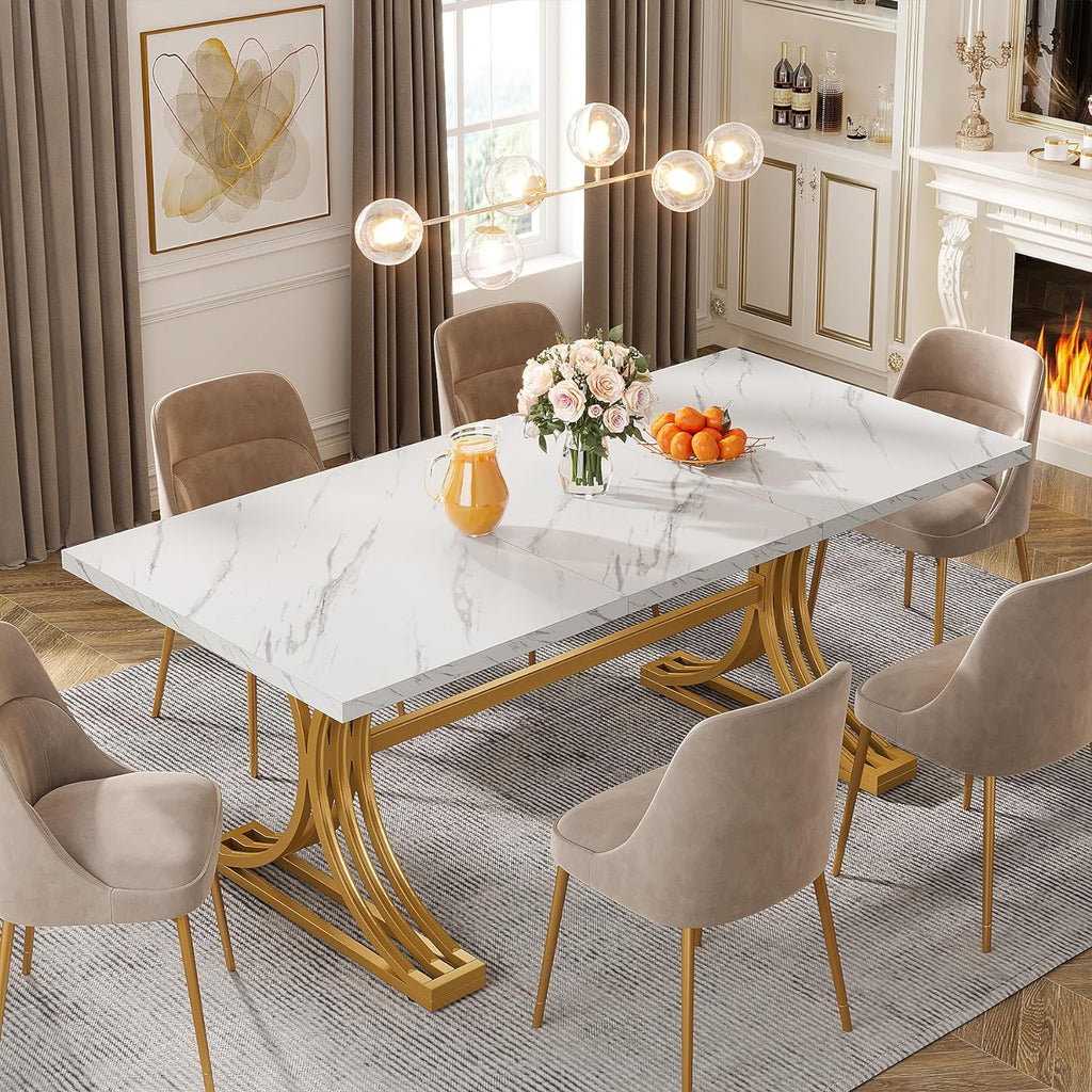 Tribesigns 63-Inch Rectangular Dining Table for 4 to 6, Modern Kitchen Tables with Stylish Metal Trestle Legs, Large Dinner Tables for Dining Room, Only Table (White+Gold)