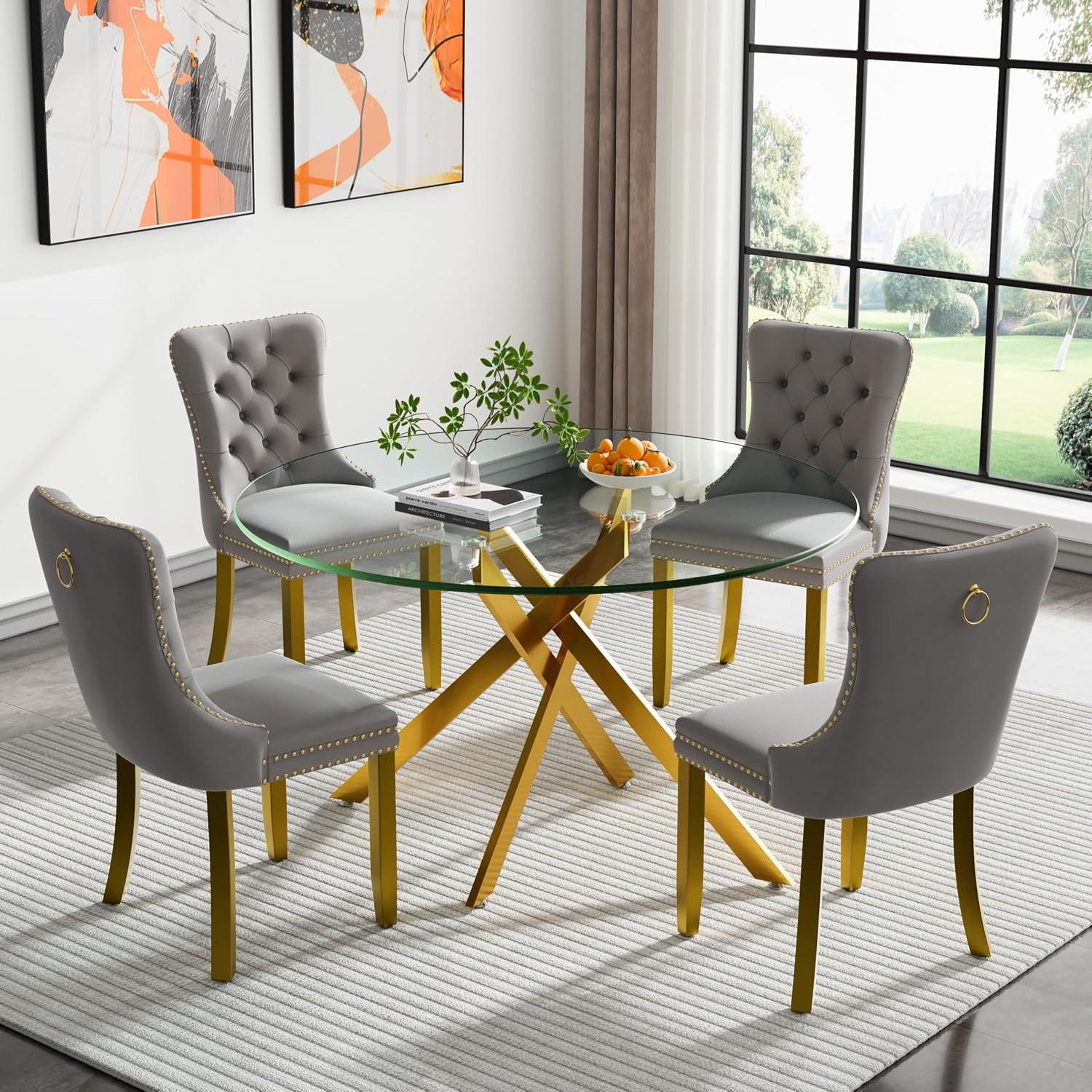 HomVent 5 Piece Round Glass Dining Table Set, Tempered Glass Dinner Table Set for 4 Kitchen Table Set with 4 Velvet Upholstered Chairs for Kitchen Dining Room