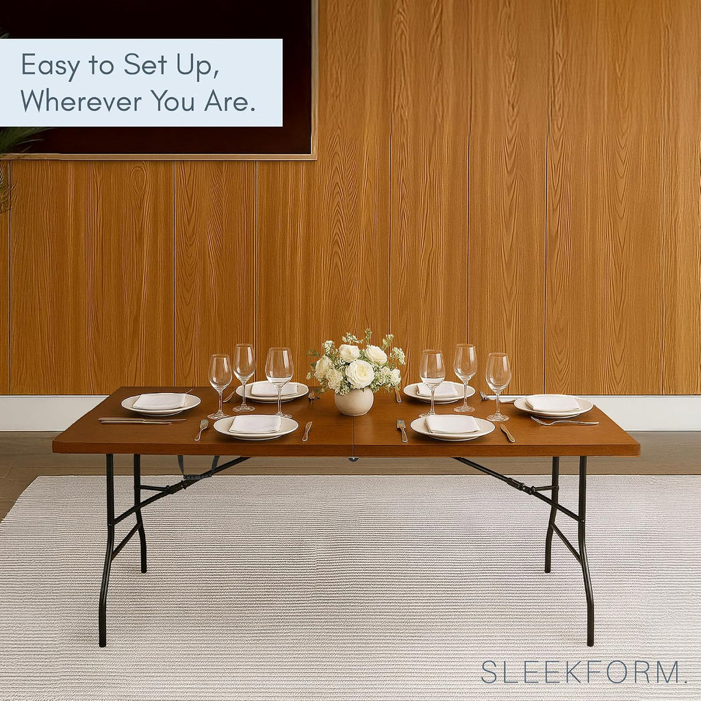 Sleekform 6ft Wooden Folding Table with Handle, Wood Folding Banquet Tables for Dinner - 6 Foot x 28 in, Portable, Sturdy & Lightweight Foldable Table for Dinner, Conference or Picnic - Walnut