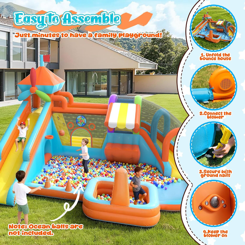 Water Bounce House for Big Kids 8-12, Double Water Slide Bounce House with 750W Blower, Toy Stand, Climbing Wall, Jumping, Water Gun, Splash Pool, Basketball Hoop for Indoor Outdoor Backyard