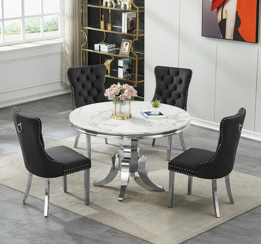 45 in Round Marble Dining Table for 4 to 6, Modern Circular White Faux Marble Kitchen Table with Silver Stainless Steel Leg, Round Kitchen Dining Room Table for Breakfast Dinette Dinner Dinning Room