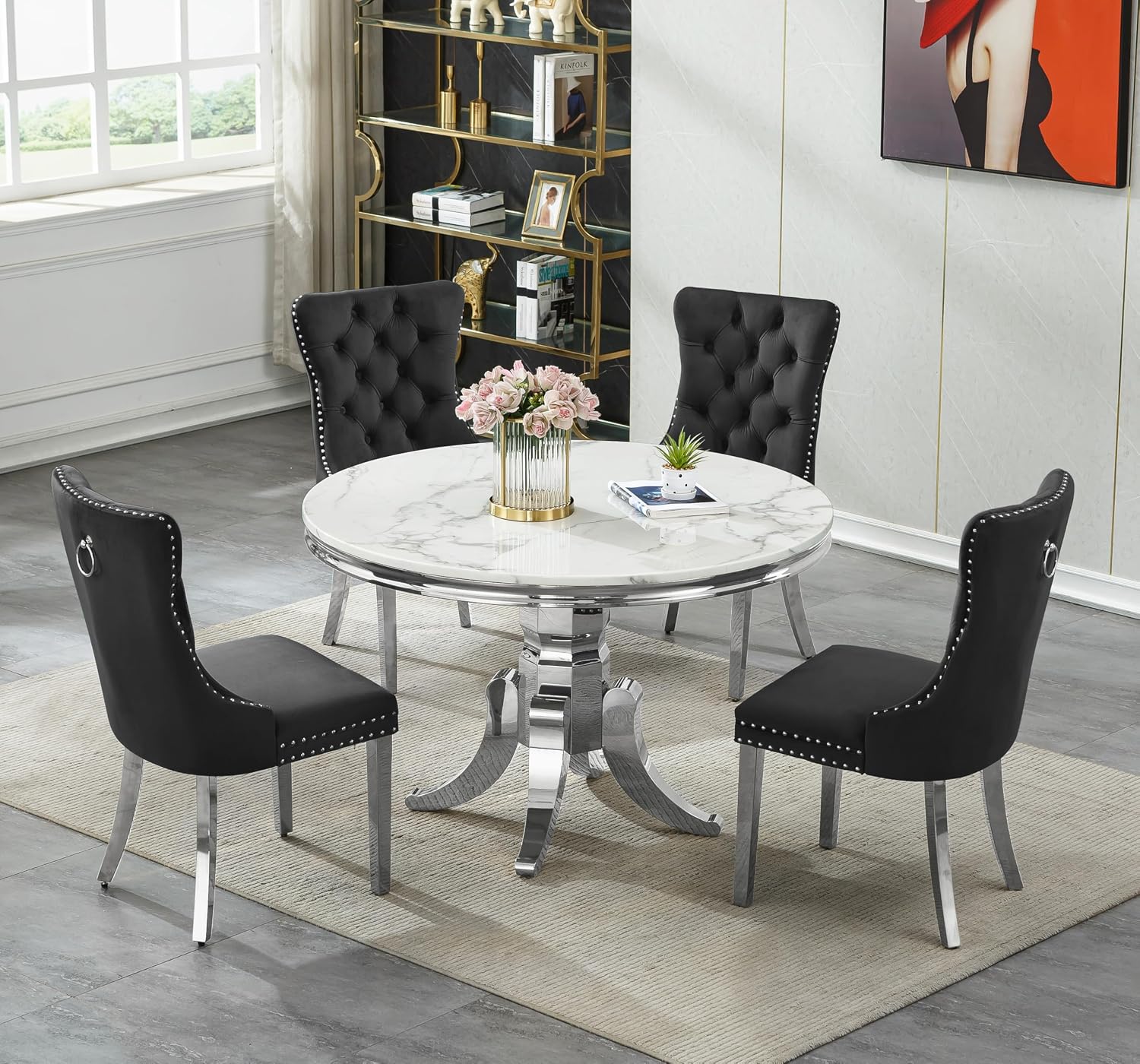 45 in Round Marble Dining Table for 4 to 6, Modern Circular White Faux Marble Kitchen Table with Silver Stainless Steel Leg, Round Kitchen Dining Room Table for Breakfast Dinette Dinner Dinning Room
