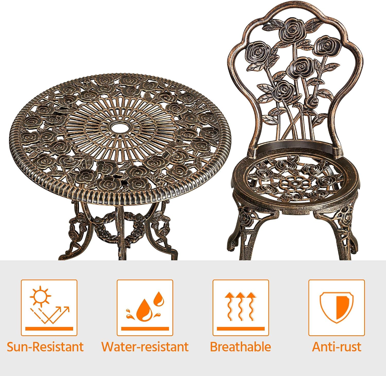 Yaheetech 3-Piece Outdoor Bistro Set w/Rose Design, Rust-Resistant Cast Aluminum Table and Chairs w/Umbrella Hole for Balcony Backyard Garden - Bronze