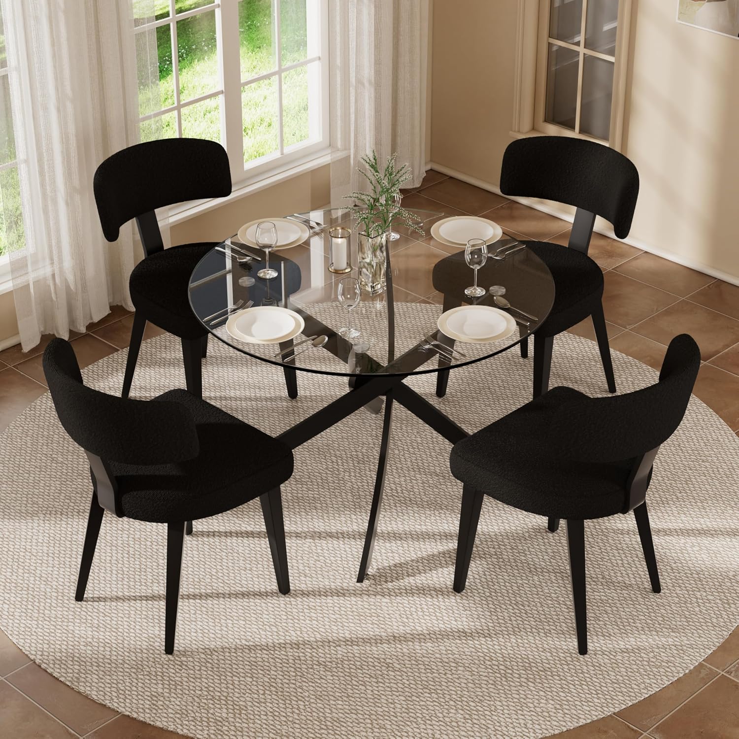 Small Dining Table Set for 4, 36' Round Kitchen Table with 4 Teddy Boucle Dining Chairs, Tempered Glass Top with Metal Legs(All Black)