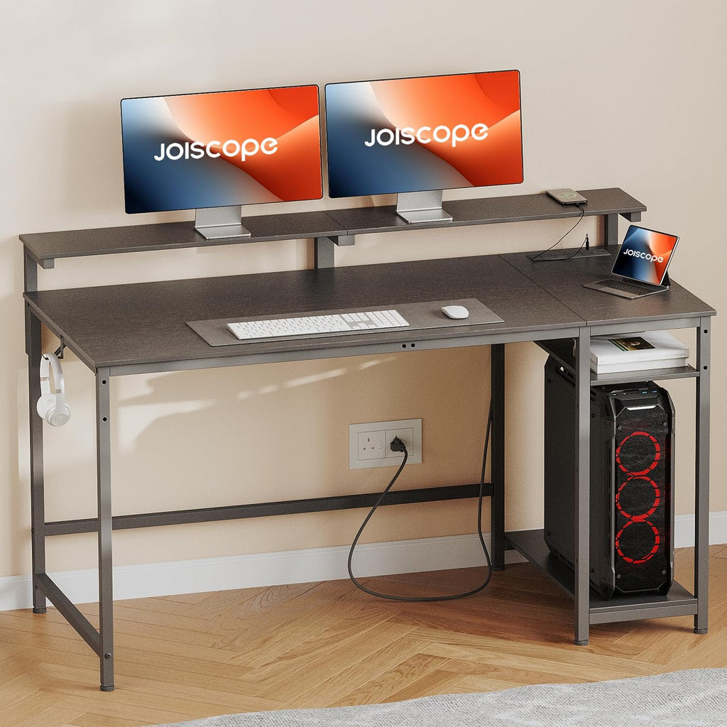 JOISCOPE Home Office Desk with Power Outlets (3AC, USB, Type-C), 40 × 20 Inch Computer Desk with Reversible Shelves, Laptop Table with Display Riser, Gaming Study Drafting Table for Bedroom, Black