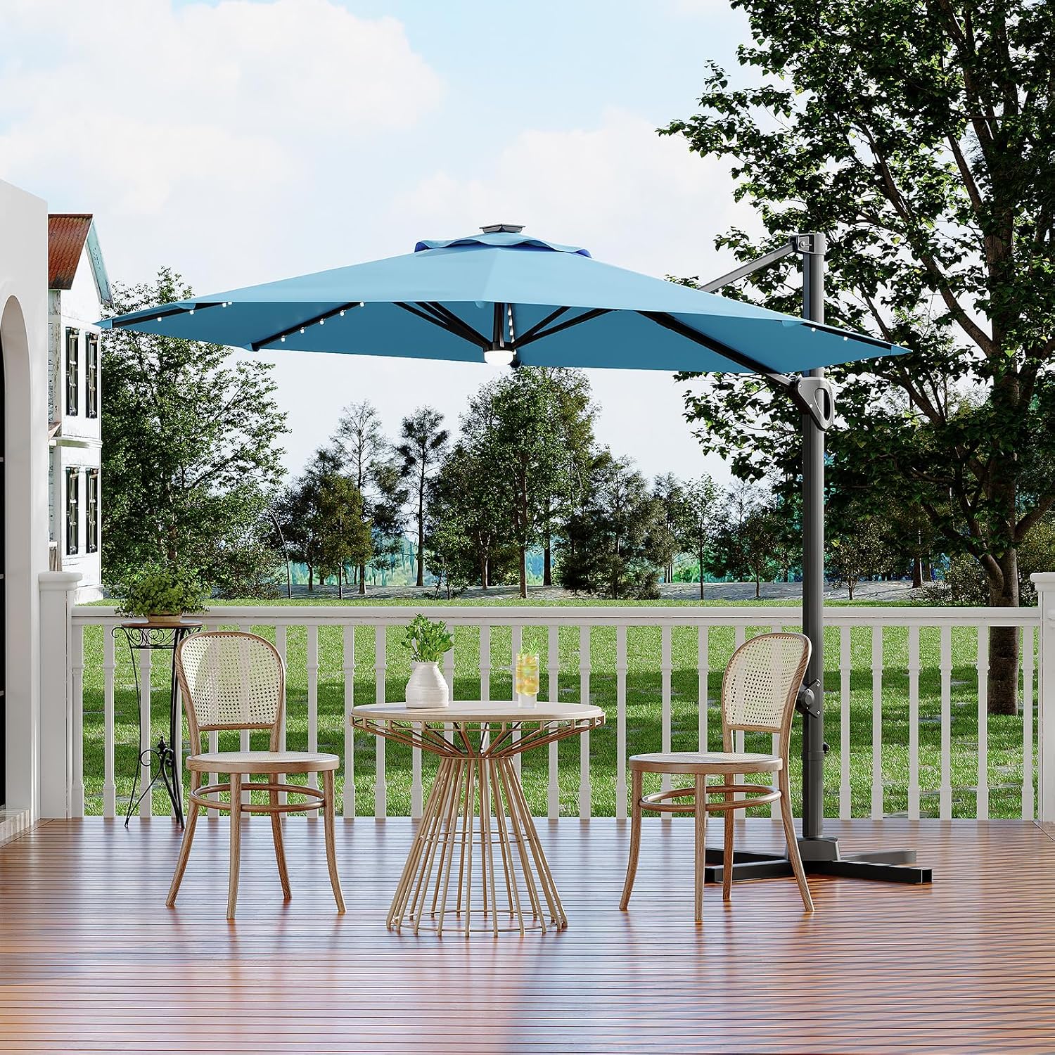 Garvee 10 ft Cantilever Patio Umbrella with Solar Lights, 360°Rotation Offset Umbrella, Easy Crank & Tilt Adjustment, UV Protection for Backyard, Poolside, Deck -Turquoise