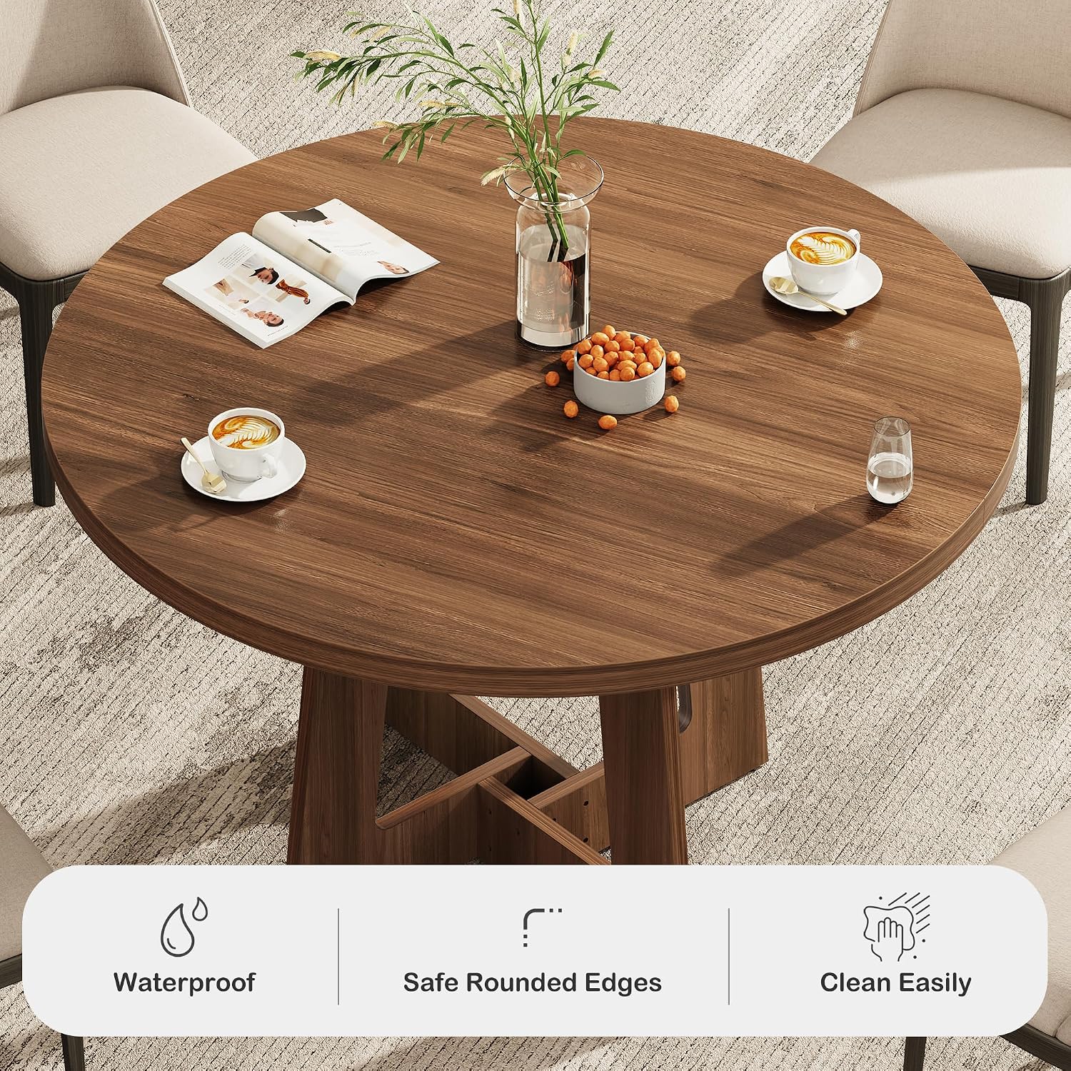 Round Dining Table for 4, Wooden Dining Room Table, Circle Kitchen Table for Home Dining Room Kitchen Living Room (Walnut Brown)