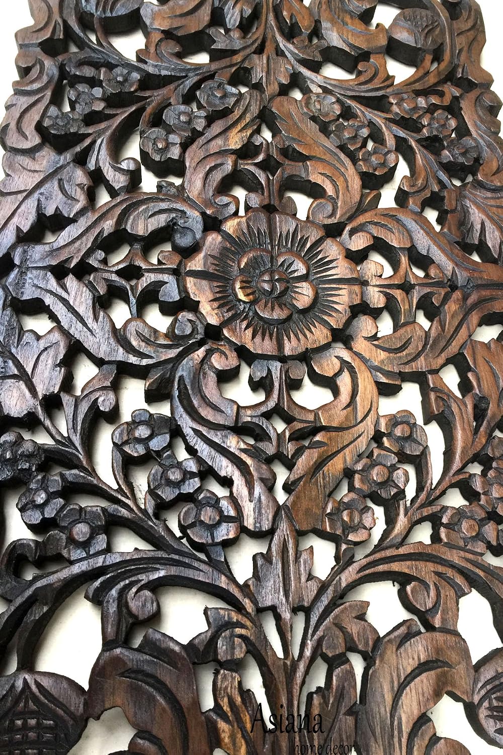 Large Carved Wood Floral Wall Panel. Tropical Asian Home Decor in Dark Brown Finish, Size 35.5'x13.5'