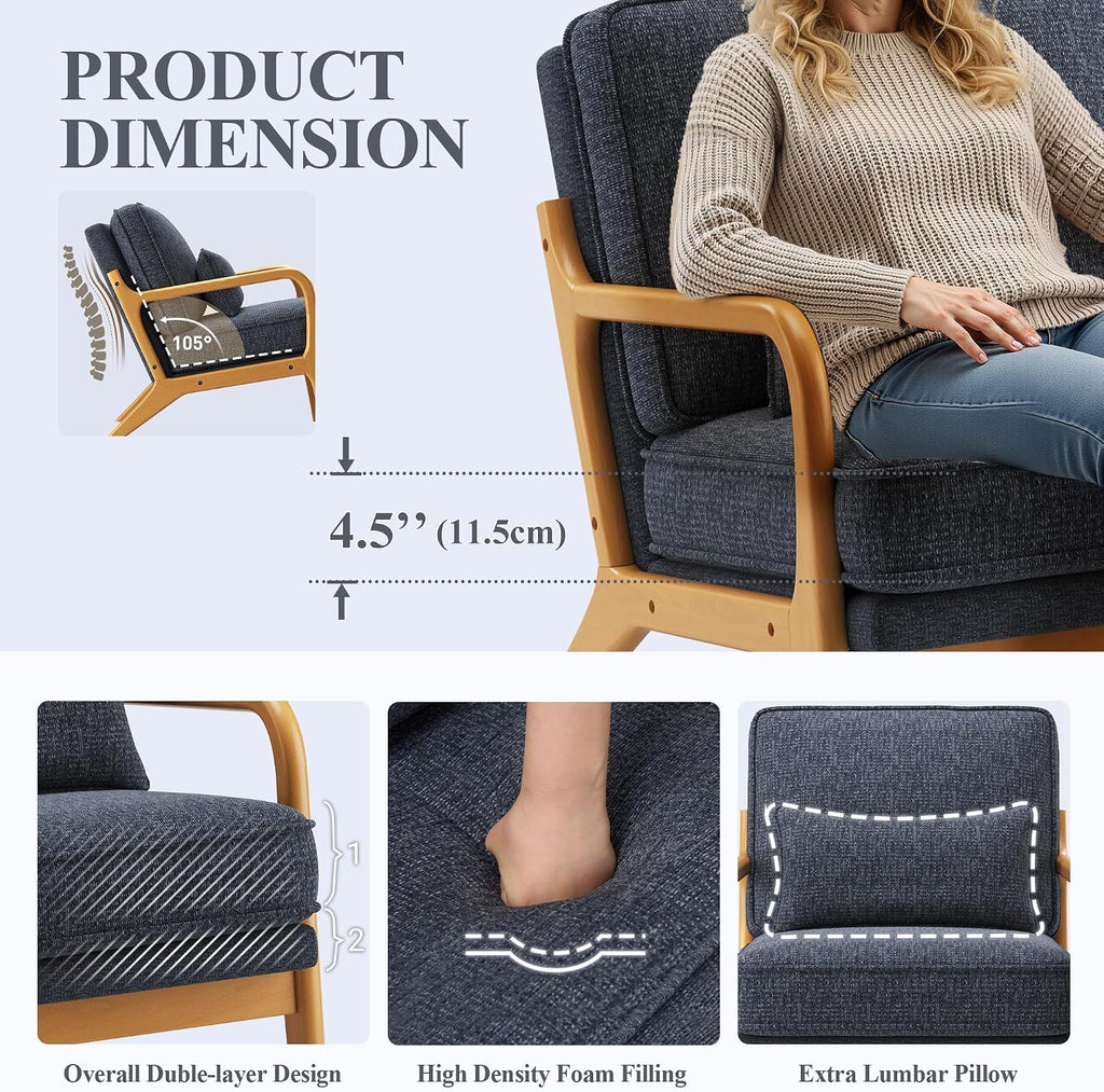 MALOL Accent Chair Set of 2 with Solid Wood Frame, Mid-Century Relaxing Armchair Lumbar Pillow& Soft Cushion, Reading Leisure Chair for Living Room, Bedroom, Waiting Room-Blue