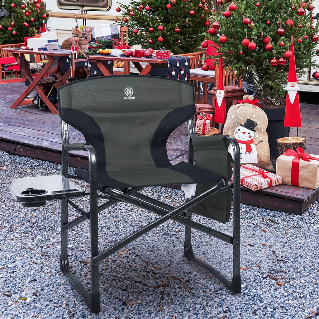 EVER ADVANCED Aluminum Lightweight Folding Director Chair, 350lbs Heavy Duty Camping Chair with Side Table & Storage, 19' Joint-Friendly Height Easy to Stand, Portable Makeup Artist & Vendor Chair