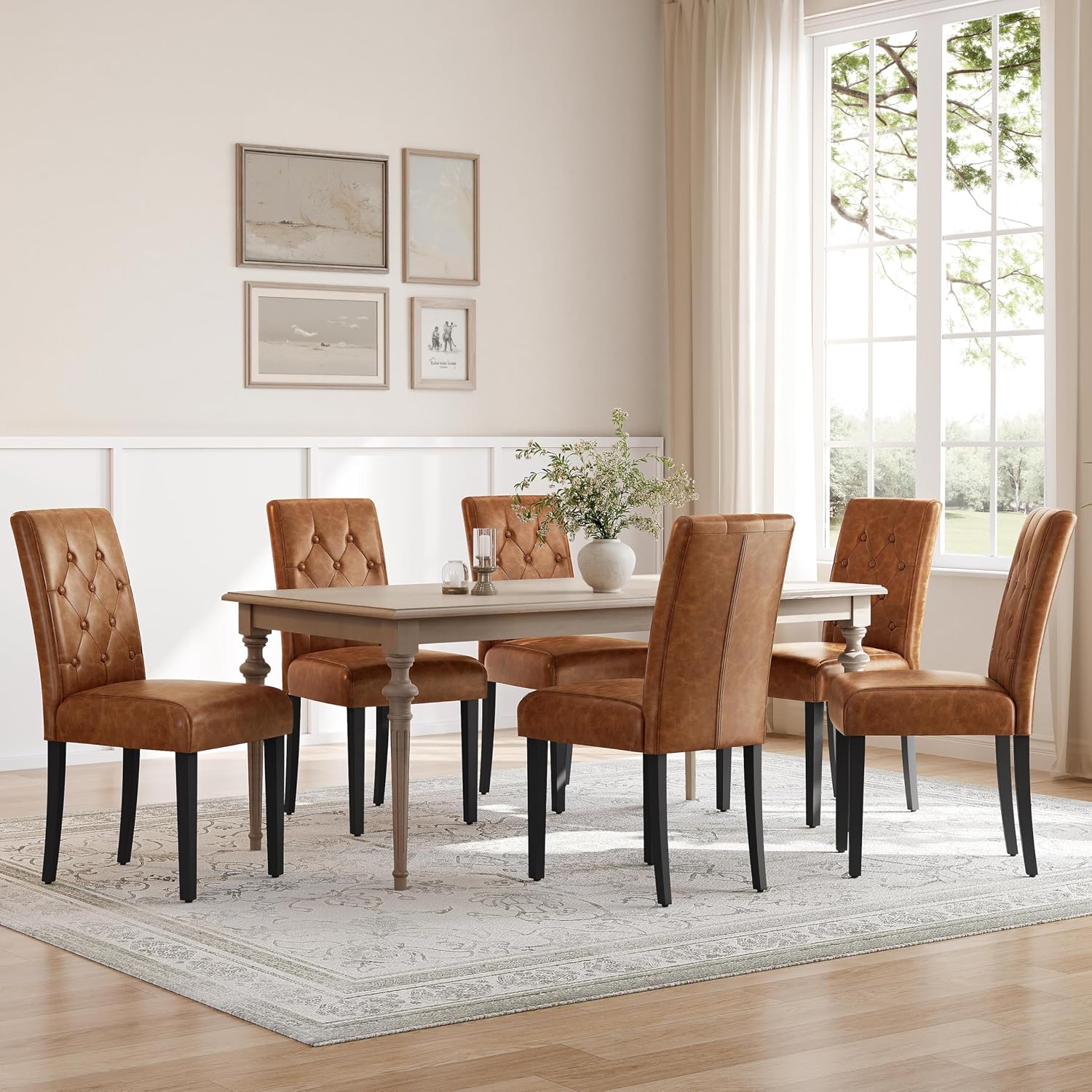 Yaheetech Dining Chairs Set of 6 Modern Style Faux Leather Dining Room Chairs with Solid Wood Legs and Button Tufted Padded for Home Kitchen, Retro Brown