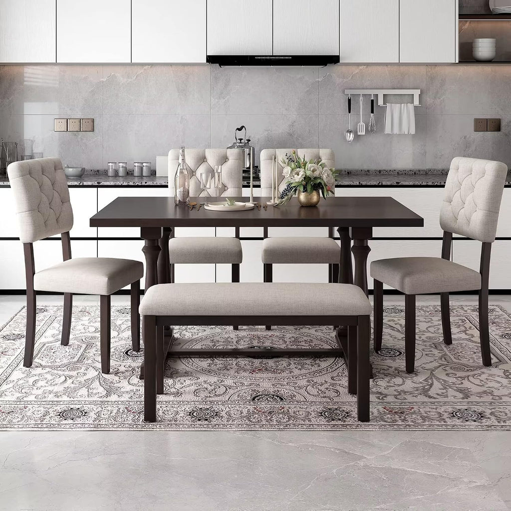 6 Pieces Dining Table Chair Set, Rectangle Dining Table with 4 Upholstered Chairs & a Bench, Wood Kitchen Table Chairs Set for 6 Persons, Modern Style Dining Room Set (Espresso+ Beige)
